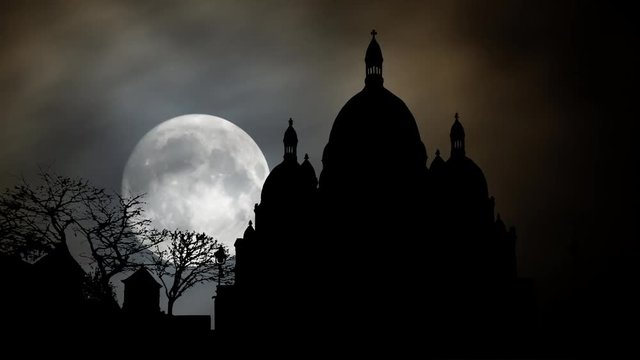 Basilica of the Sacred Heart (Basilique du Sacre-Cur) in Silhouette by Night with Full Moon, Montmartre, Paris, France