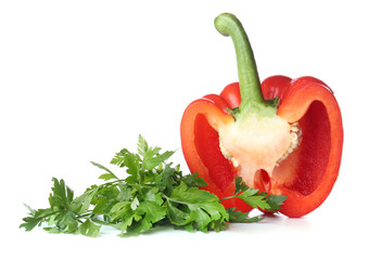 Ripe cut red pepper on white background