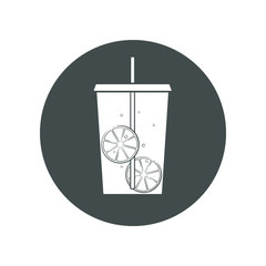 Vector icon of ice tea in a cup for take away. Trasparent, no fill on cup. Isolated in circle.