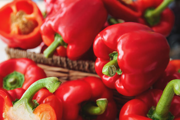 Ripe red peppers on table, closeup