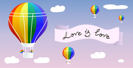 Obraz premium lgbt rainbow flag hot air balloon in the cloudy sky on the sunset . Love is love hand drawn lettering. banner for free love gay pride concept. Art background for cards 