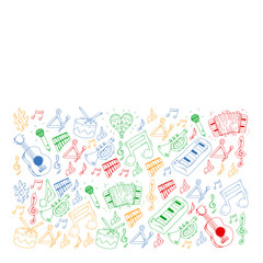 Music background for patterns. Vector illustration with musical instruments.
