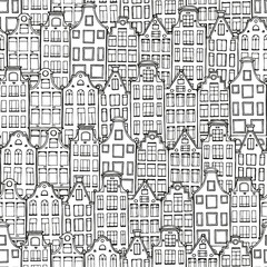 Hand drawn doodle houses pattern. Samless background. Netherlandish hous.   Adult coloring page.