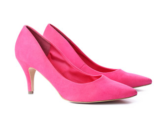 Pair of stylish high-heeled female shoes on white background