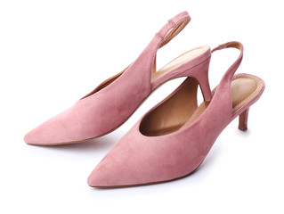 Pair of stylish female shoes on white background