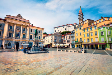 Bright summer view of Tartini Square in old town Piran. Splendid spring morning of Slovenia, Europe. Traveling concept background. Magnificent Mediterranean landscape.