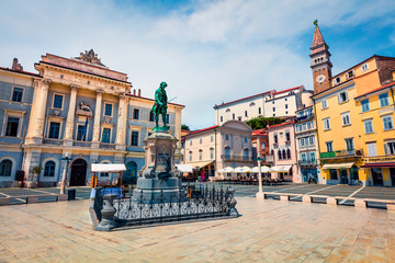 Bright summer view of Tartini Square in old town Piran. Splendid spring morning of Slovenia, Europe. Traveling concept background. Magnificent Mediterranean landscape. © Andrew Mayovskyy