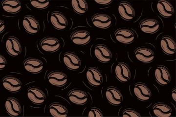 Coffee beans in different rotation with hand printing imitation texture and thin lines pattern on white background. dark texture design for cups und menu