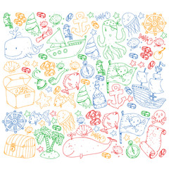 Ocean and sea for children. Pattern for boys. Pirate party. Cute fishes, animals, treasures. Kids vacation pattern, beach toys and elements.