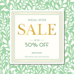 Green Spring Summer Foliage Silhouettes Sale Promotion Square Banner. Social Media Ads Graphics. Abstract Floral Print