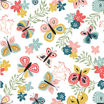 Seamless pattern with beautiful hand drawn butterfly. Tileable background for kids and women product design, fabric, stationery, textile, apparel. Fun and colorful vector illustration