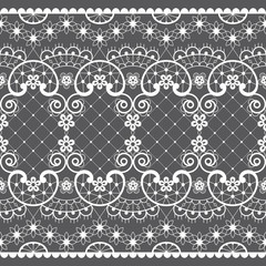 Romantic lace seamless vector pattern, vintage wedding lace design in white on gray background