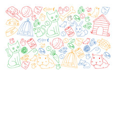 Pet shop. Vector illustration with animals, dog, cat, fish, Colorful background with kitten, bird, puppy. Veterinarian clinic.