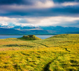 Picturesque summer view of Kirkjufjara beach. Beautiful outdoor scene of Dyrholaey peninsula in...
