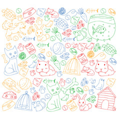 Pet shop. Vector illustration with animals, dog, cat, fish, Colorful background with kitten, bird, puppy. Veterinarian clinic.