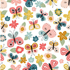 Seamless pattern with beautiful hand drawn butterfly. Tileable background for kids and women product design, fabric, stationery, textile, apparel. Fun and colorful vector illustration