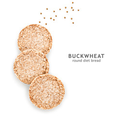 three  round wheat airy crispbread and buckwheat groats . Isolated on white background. Top view