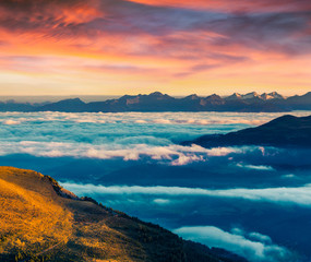 Dramatic summer sunrise in Dolomite Alps.