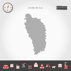 Vector Vertical Lines Pattern Map of Dominica. Striped Simple Silhouette of Dominica. Realistic Vector Compass. Business Infographic Icons.