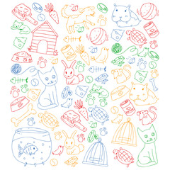 Pet shop. Vector illustration with animals, dog, cat, fish, Colorful background with kitten, bird, puppy. Veterinarian clinic.