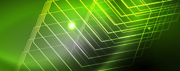 Shiny neon techno template. Neon lines background, 80s style laser rays