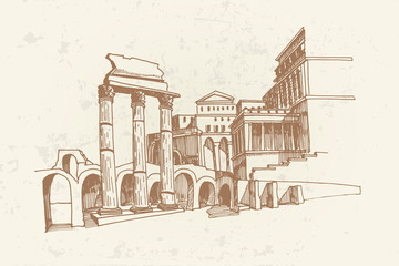 vector sketch of Ancient ruins of a Roman Forum or Foro Romano, Rome, Italy.