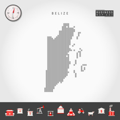 Vector Vertical Lines Pattern Map of Belize. Striped Simple Silhouette of Belize. Realistic Vector Compass. Business Infographic Icons.