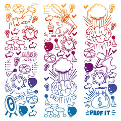 Start up concept. Vector pattern with motivational icons. Rocket, brainstorm, succes, innovation