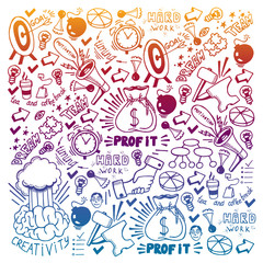 Start up concept. Vector pattern with motivational icons. Rocket, brainstorm, succes, innovation