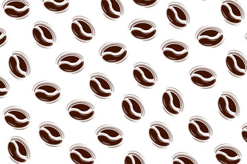 Coffee beans in different rotation with hand printing texture pattern on white background