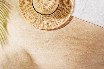 Sandy beach background top view with visible sand texture. Backdrop for mockups and advertising.