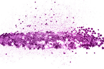 Purple glitter and glittering stars on white background in vintage colors