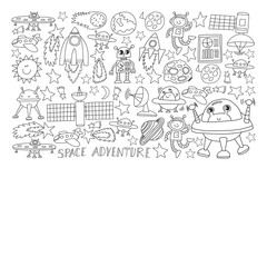 Vector set of space elements icons in doodle style. Painted, black monochrome, pictures on a piece of paper on white background.