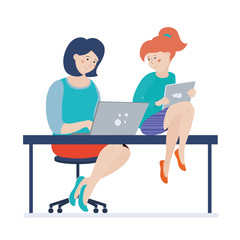 Woman working on laptop and teenage girl using tablet, mom and daughter browsing Internet, vector illustration isolated on white background. Mom and daughter with computers - laptop and tablet