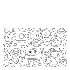 Vector set of space elements icons in doodle style. Painted, black monochrome, pictures on a piece of paper on white background.