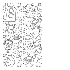 Vector set of space elements icons in doodle style. Painted, black monochrome, pictures on a piece of paper on white background.