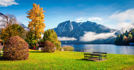 Stunning autumn scene of Altausseer See lake. Great morning view from cozy resting place in Altaussee village, district of Liezen in Styria, Austria. Beauty of countryside concept background.