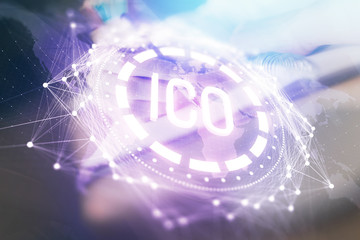 Cryptocurrency hologram, bitcoin, ico theme over hands taking notes background. Concept of blockchain. Multi exposure