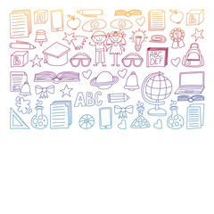 Fototapeta na wymiar Vector set of secondary school icons in doodle style. Painted, colorful, gradient, on a white background.