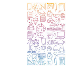Vector set of secondary school icons in doodle style. Painted, colorful, gradient, on a white background.