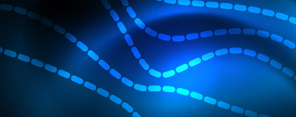 Obraz premium Smooth wave lines on blue neon color light background. Glowing abstract wave on dark, shiny motion, magic space light