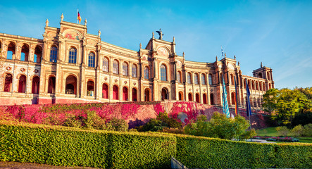Stunning evening view of Maximilianeum, Home of the Bavarian State Parliament, with interiors viewable by guided tour only and a park setting, Munich, Bavaria, Germany, Europe.