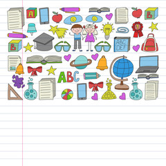 Vector set of Back to School icons in doodle style. Painted, colorful, pictures on a piece of linear paper on white background.