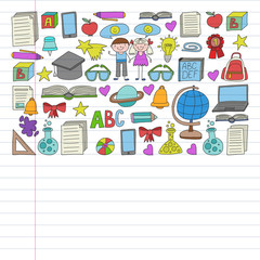 Vector set of Back to School icons in doodle style. Painted, colorful, pictures on a piece of linear paper on white background.