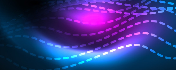 Fototapeta premium Smooth wave lines on blue neon color light background. Glowing abstract wave on dark, shiny motion, magic space light