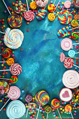 candies with jelly and sugar. colorful array of different childs sweets and treats on blue