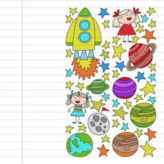 Vector set of space elements icons in doodle style. Painted, colorful, pictures on a piece of linear paper on white background.
