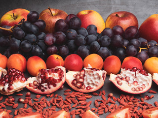red fruits and berrys rich vitamin, resveratrol, astaxanthin antioxidants food, close up