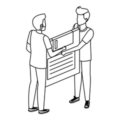 young men lifting floppy disk data storage