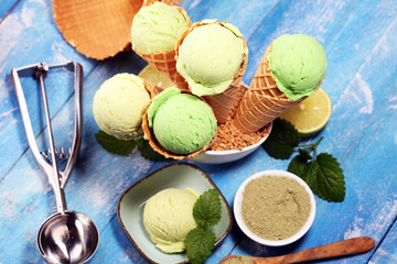 Green tea matcha mint ice cream with coconut milk.